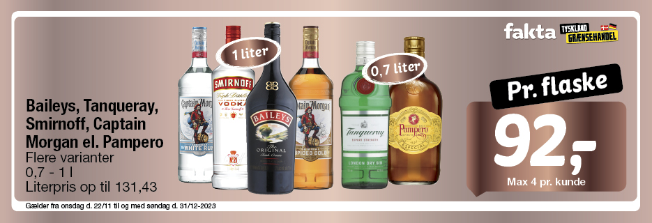 Baileys, Captain Morgan, Smirnoff, Tanqueray, Pampero