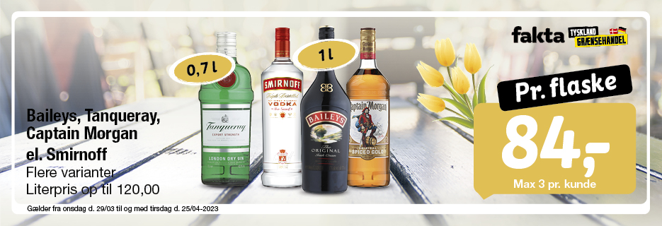 Baileys, Captain Morgan, Smirnoff, Tanqueray