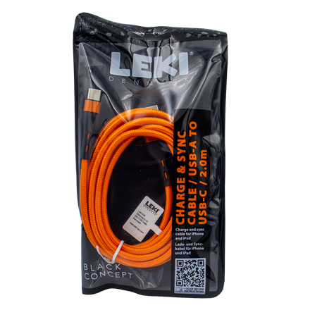 Leki Denmark Braided Orange CableUSB-A to USB-C 2.0 M