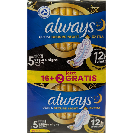 Always Ultra Binde Secure Night Ext.m. Flügeln Bigp. 18 Stk