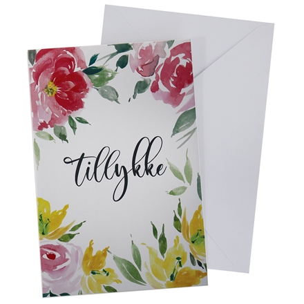Kort med Kuvert 11x17cm Tillykke Blomster
