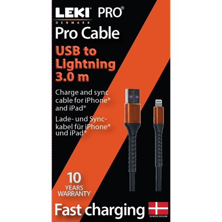 Leki bycph Pro USB to Lightning Kabel 3 m Sort